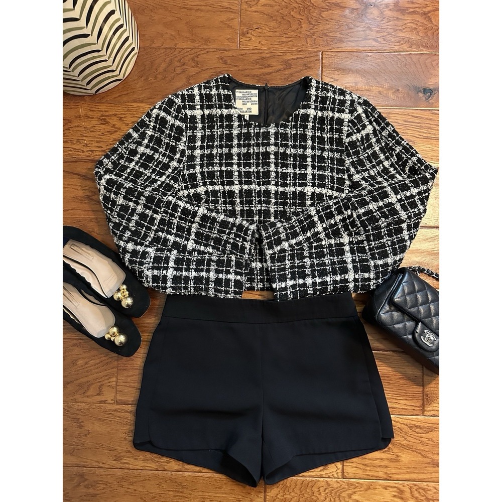 Baum und Pferdgarten Tweed Top 34 Black White Plaid Puff Sleeve Blouse Boucle